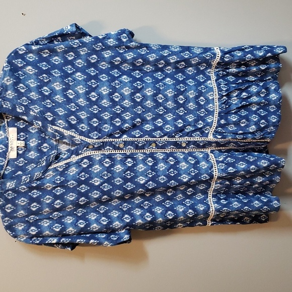 Fever Cap Sleeve Blue and White Button Front Top with Ruffle, Small - Picture 1 of 8